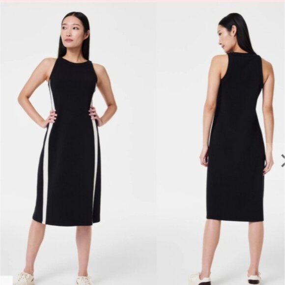 NWT SPANX AirEssentials Side Stripe Midi Dress Black White Medium Air Essentials - Picture 3 of 7